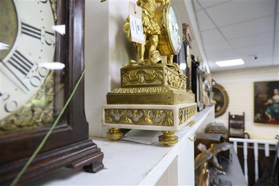 Viger of Paris. A Louis XVI ormolu and white marble mantel clock, height 14in.